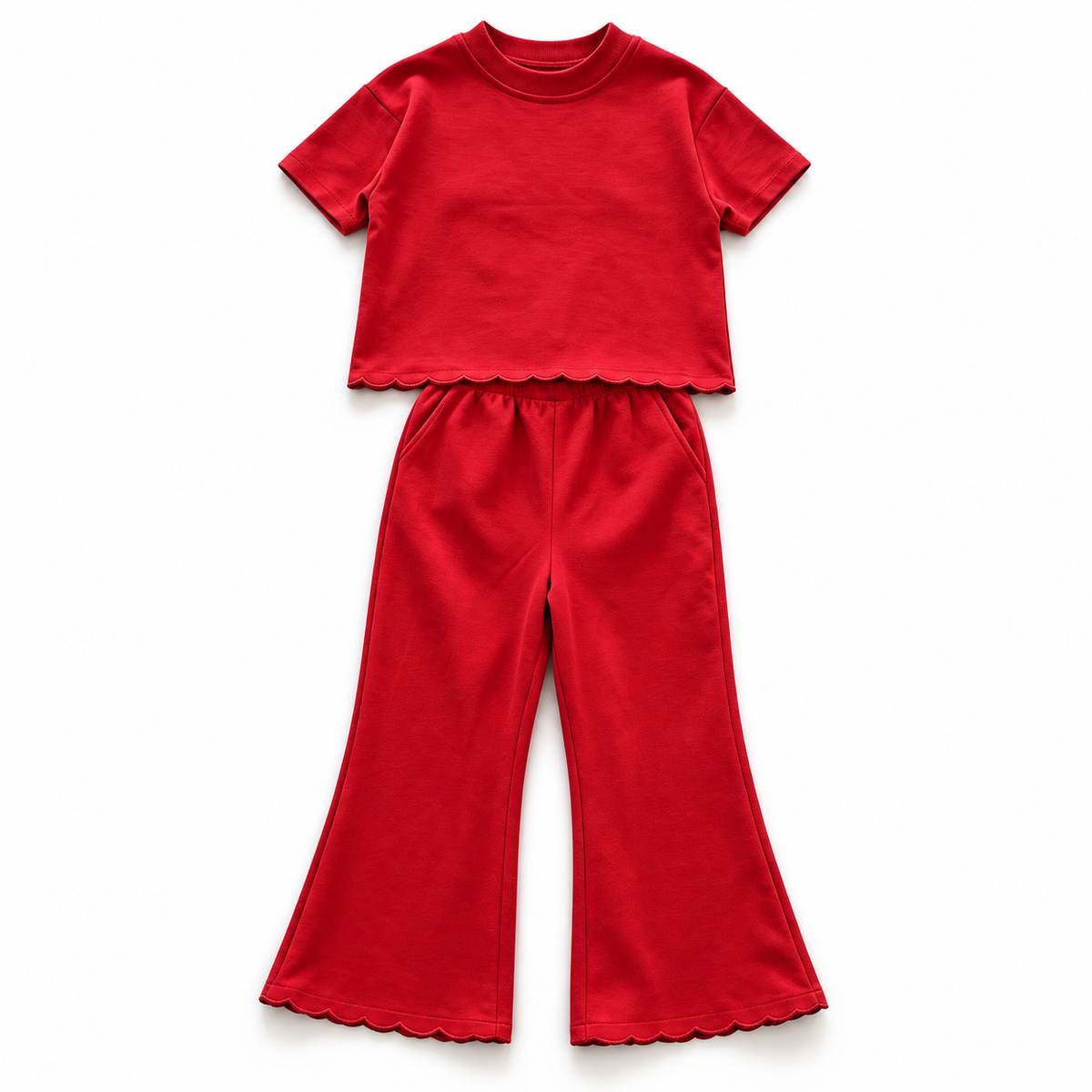 Girls’ Scalloped Cotton Two-Piece Set – Short Sleeve Sweatshirt & Wide-Leg Pants for Fall & Winter