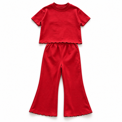 Girls’ Scalloped Cotton Two-Piece Set – Short Sleeve Sweatshirt & Wide-Leg Pants for Fall & Winter