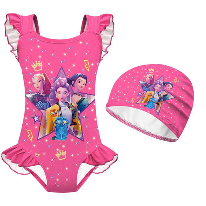 K-pop Demon Hunter Print Girls One-Piece Swimsuit Ruffles Swimwear