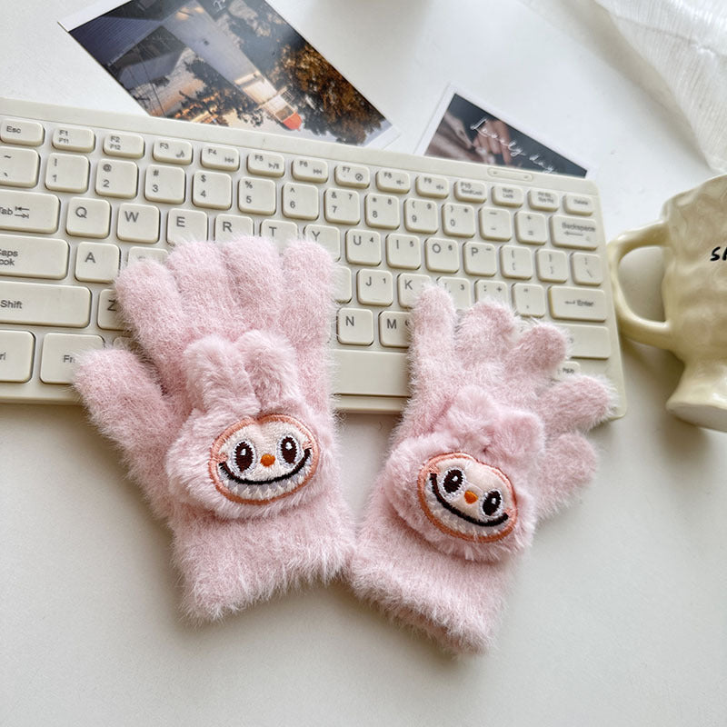 Winter Knit Gloves with Plush Doll Decoration Warm Fuzzy Rhinestone Finger Gloves for Parent Child Matching