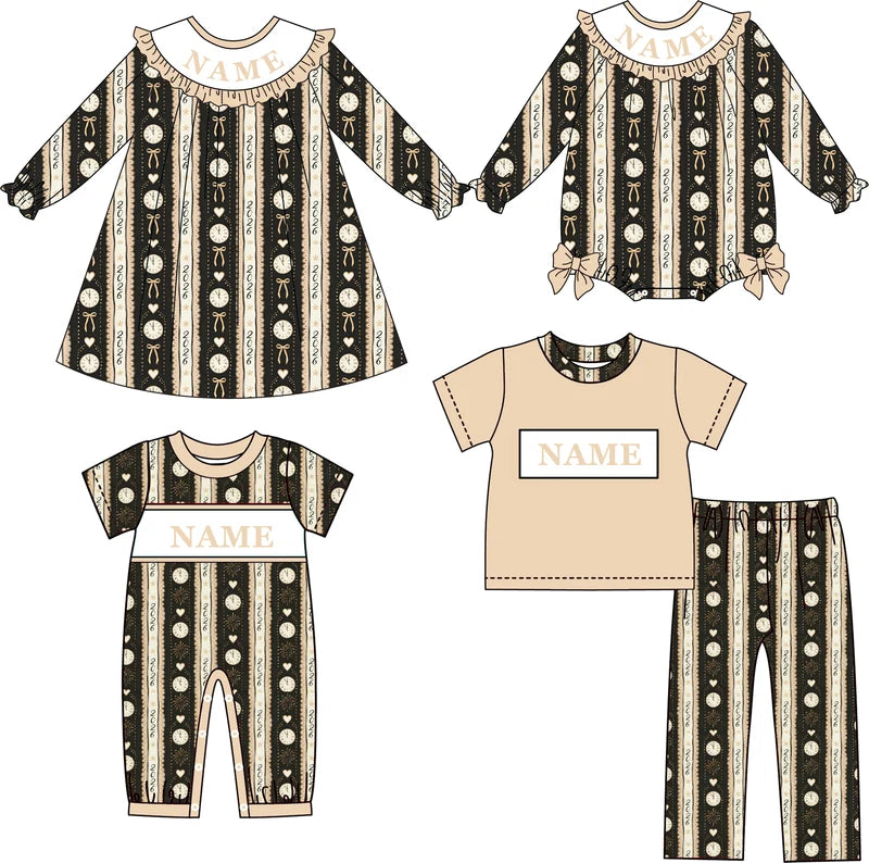 2027 New Year Smocked Embroidery Sibling Matching Outfits – Personalized Girls Dress, Baby Romper & Boys Sets