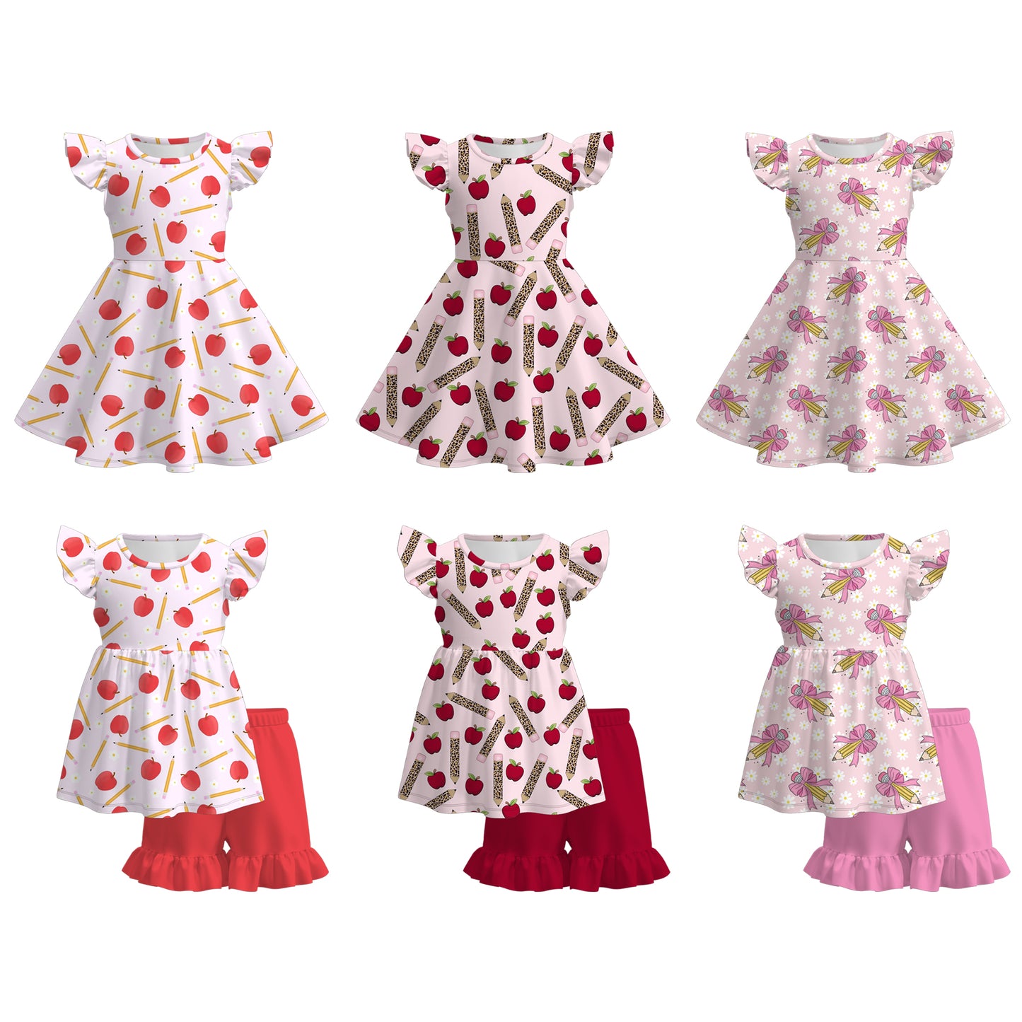 Girls Back To School Apple Pencil Print Short Set & Dress