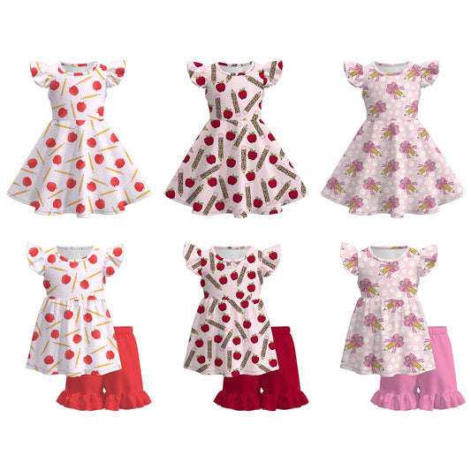 Girls Back To School Apple Pencil Print Short Set & Dress