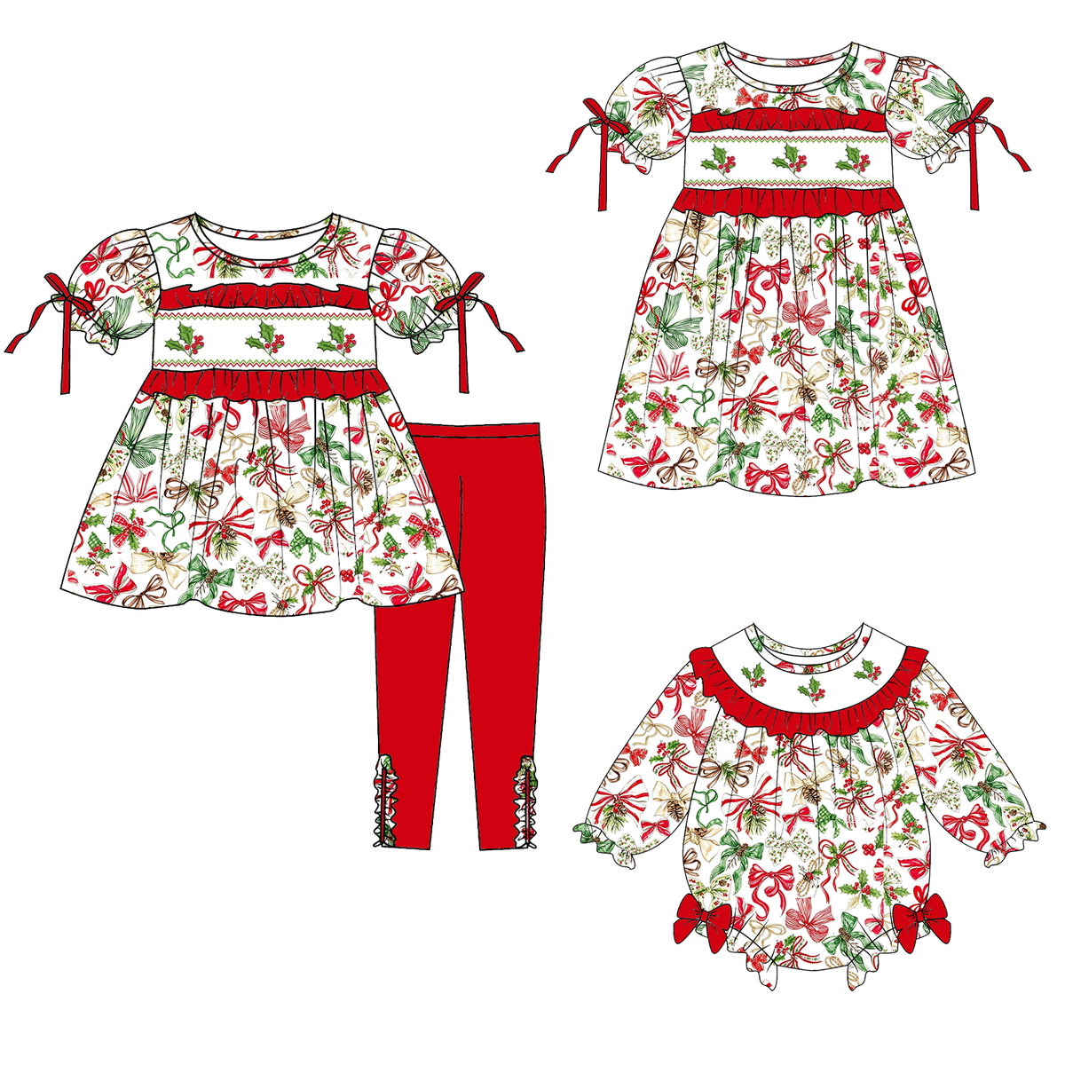 Christmas Holly Bow Smocked Embroidery Girls Holiday Outfits