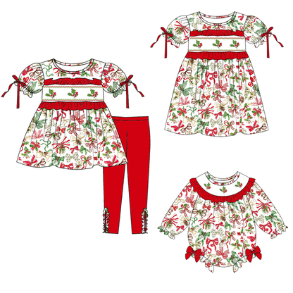 Christmas Holly Bow Smocked Embroidery Girls Holiday Outfits