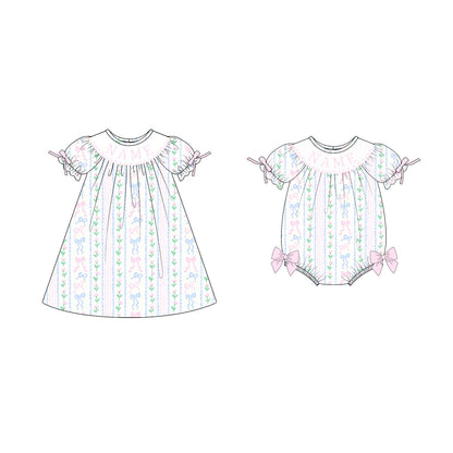 Summer Blue Pink Bow Custom Name Embroidery Smock Outfits