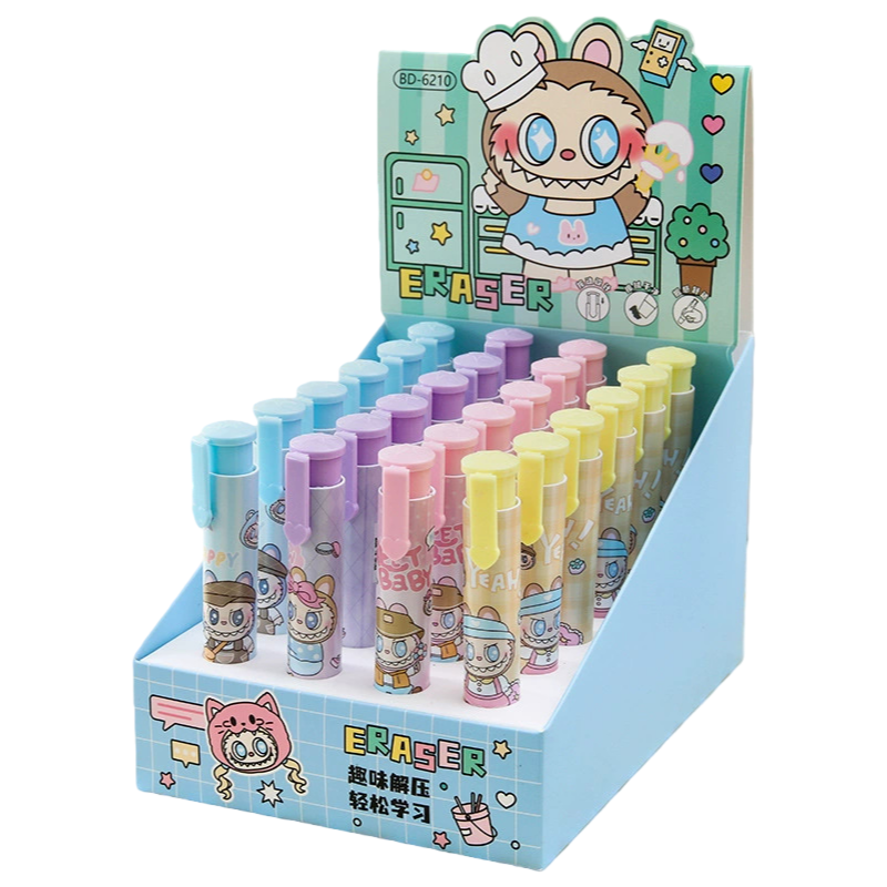 Press-to-Advance Mechanical Eraser Set Character Themed Pencil Erasers in Storage Case