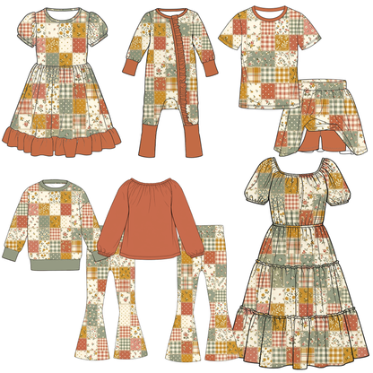 Fall Patchwork Floral Family Matching Collection – Girls Dress, Romper, Skirt & Flare Pant Sets, Women’s Maxi Dress