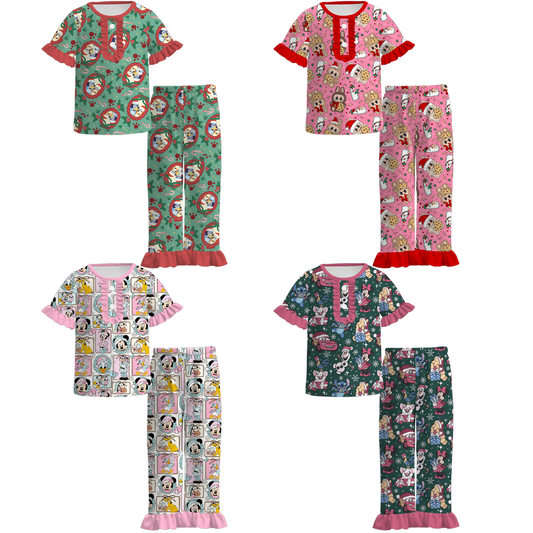 Girls Christmas Cartoon Santa Print Pajamas Set