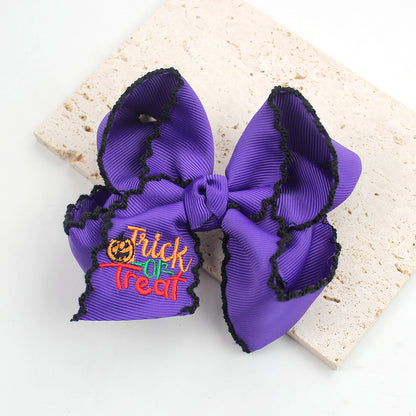 Halloween Pumpkin Embroidered Hair Bow Clips – Wavy Edge, 10 Pack