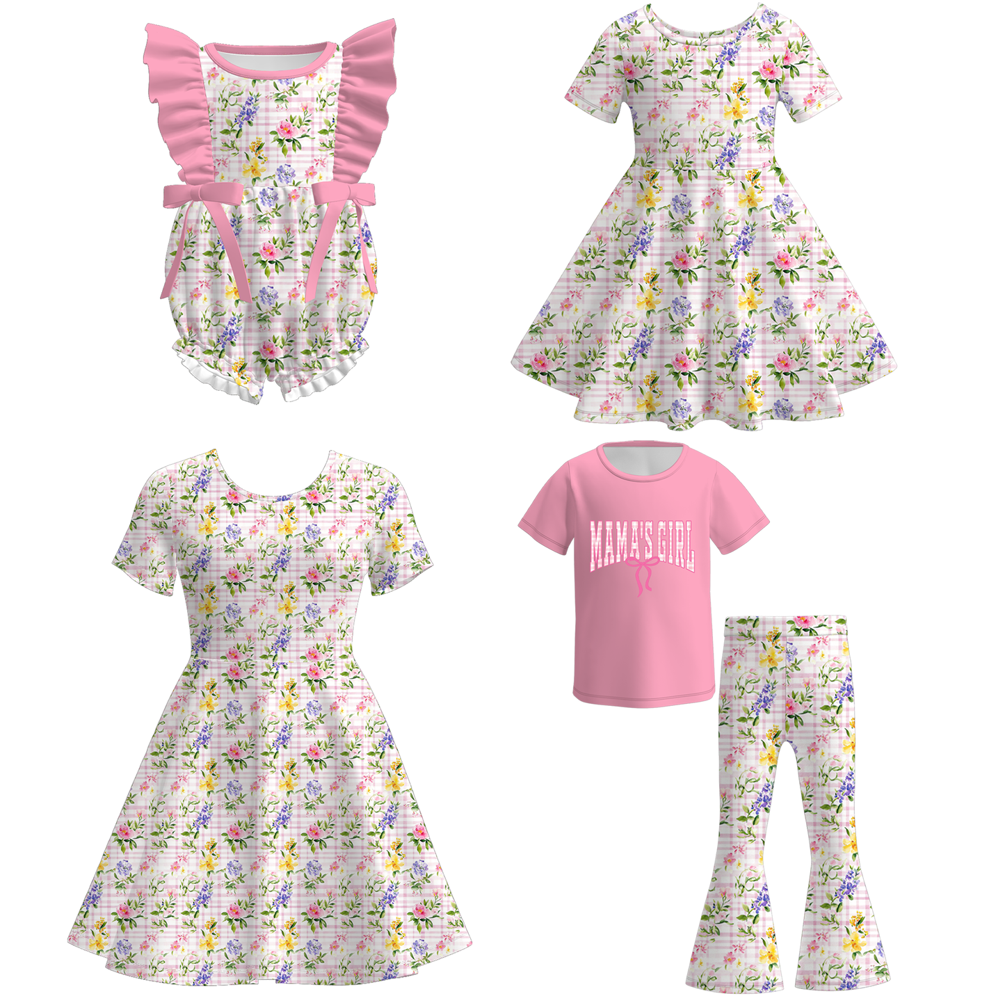 Girls Pink Floral Dress & Lounge Set Collection – Flutter Romper, Twirl Dress & Graphic Tee Set