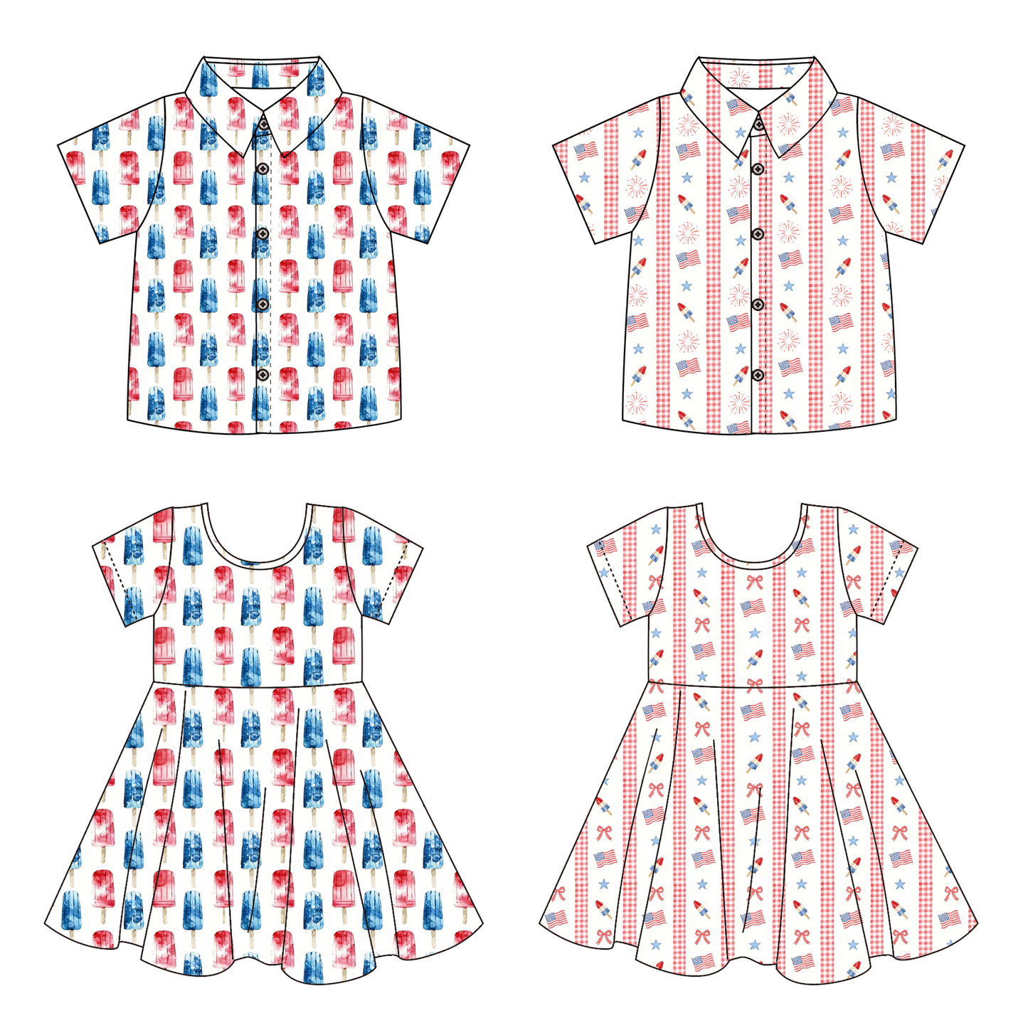 2026 July 4th Blue Red Flag Print Kids Shirt & Dress