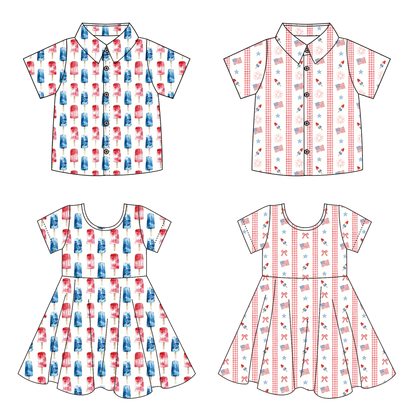 2026 July 4th Blue Red Flag Print Kids Shirt & Dress
