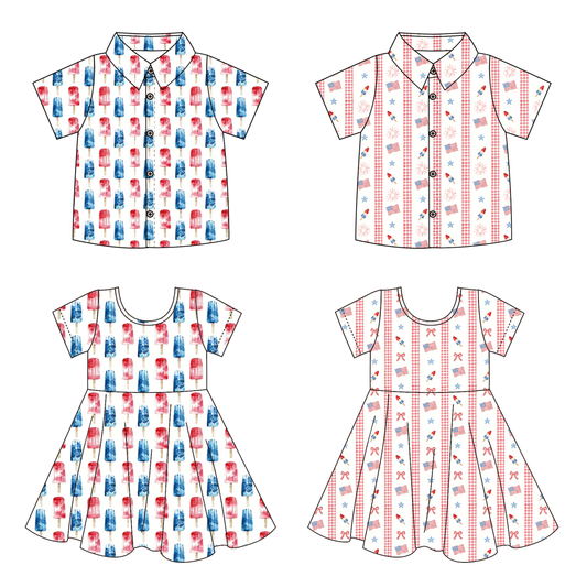 2026 July 4th Blue Red Flag Print Kids Shirt & Dress