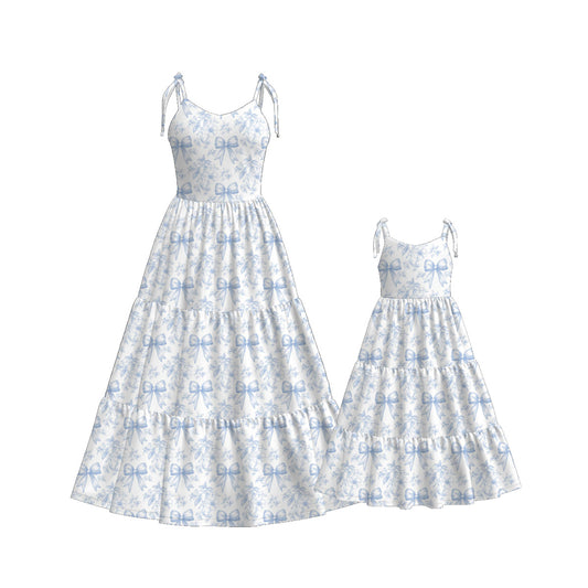 Mommy and Me Blue Bow Print Summer Soft Maxi Dress