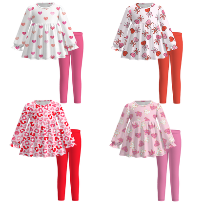 2026 Spring Valentine's Day Girls Bow Heart Long Sleeves Outfit Set