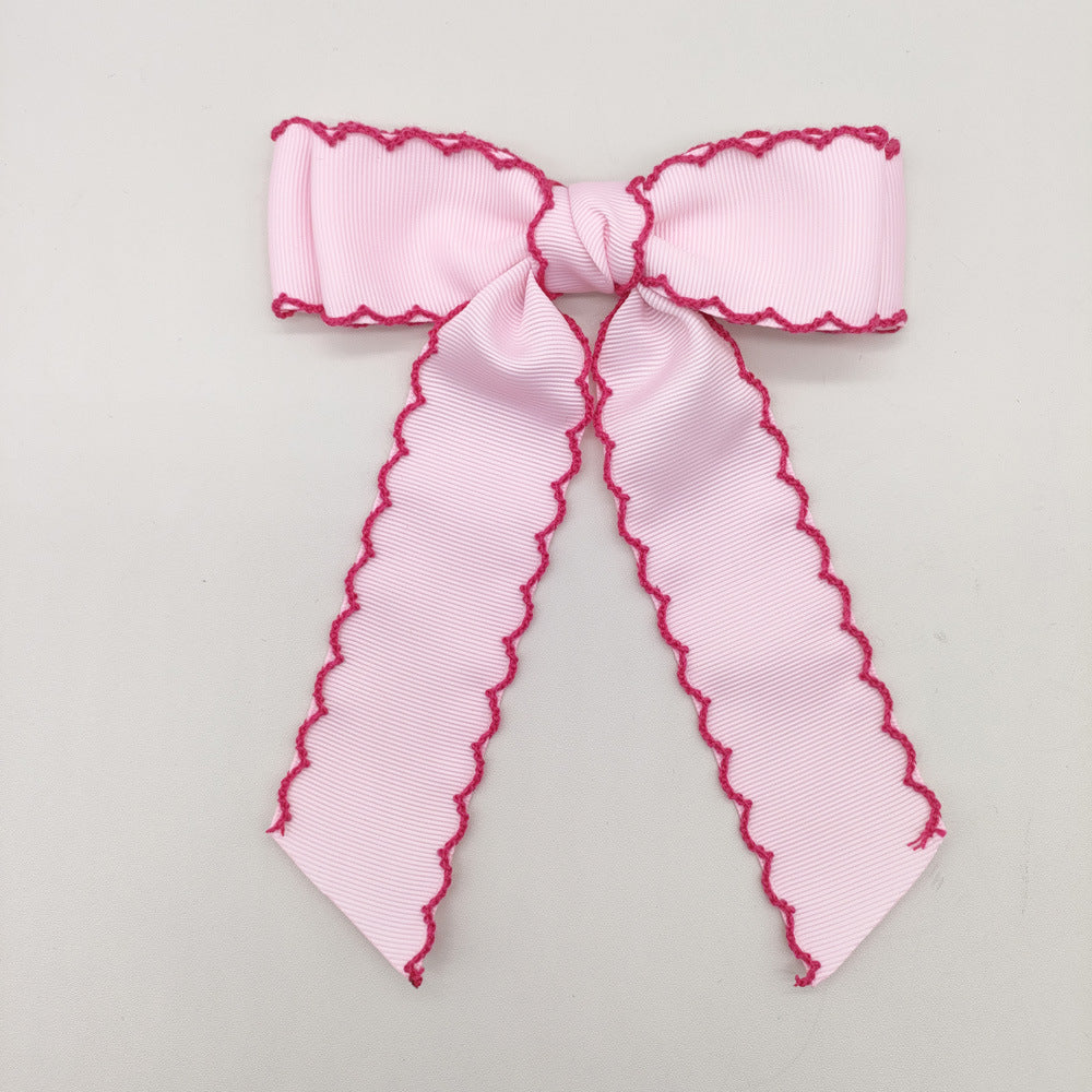 Girls Grosgrain Ribbon Bow Hair Clip – Contrast Scalloped Stitching & Long Ribbon Tails