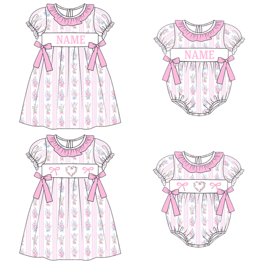 Valentine's Day Pink Foral Custom Name Smocked Embroidered Collection