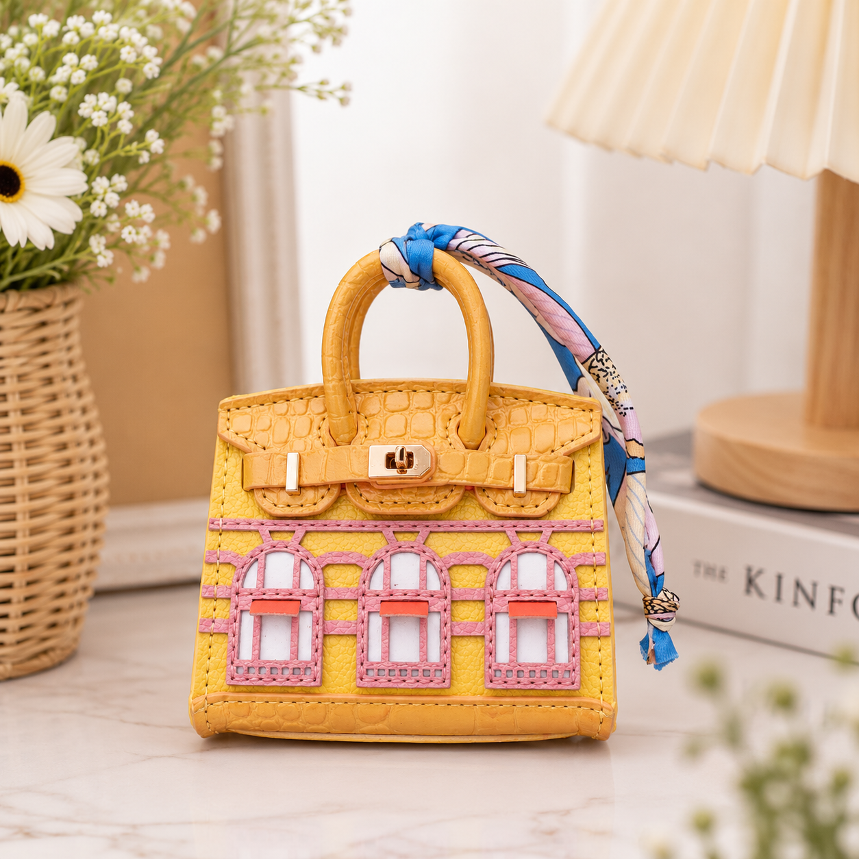 Mini House Bag Charm with Scarf – Faux Leather Coin Purse & Earbud Pouch