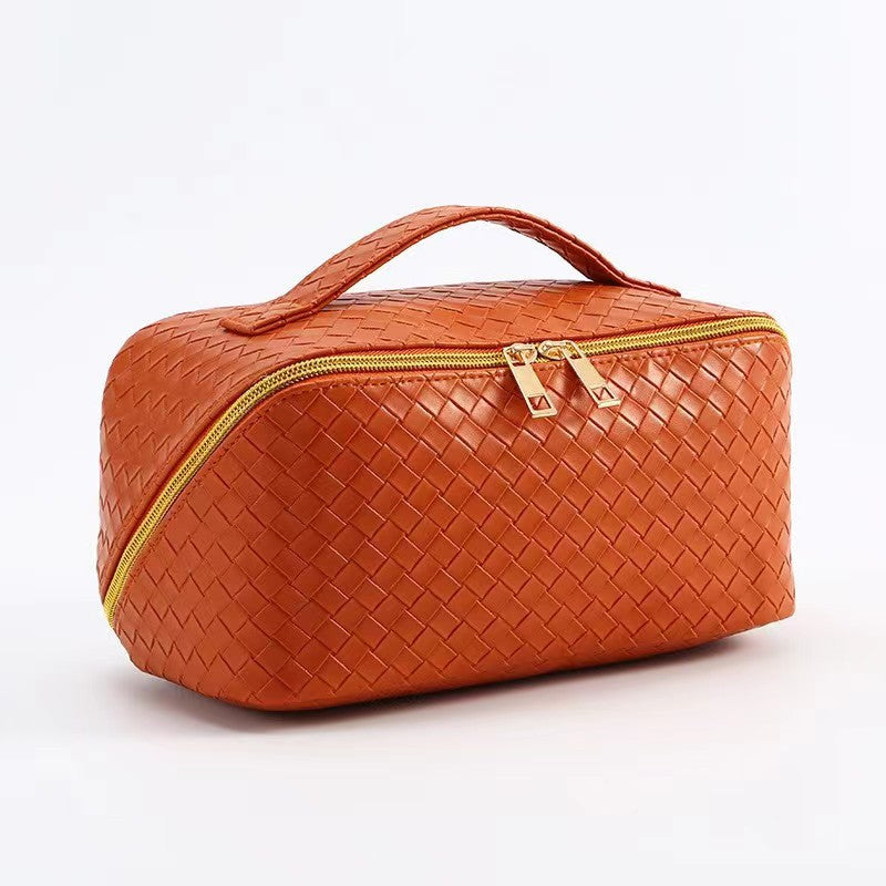Woven PU Leather Makeup Bag with Handle & Zipper Travel Toiletry & Cosmetic Organizer