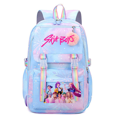 Kpop Demon Hunters Rainbow Print Backpack, Lightweight Student School Bag