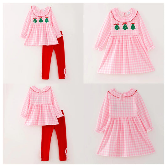 Girls Christmas Pink Plaid Christmas Tree Emrboidery Outfit Set Dress