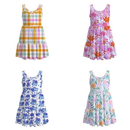 Girls Summer Floral Plaid Print Patchwork Dress