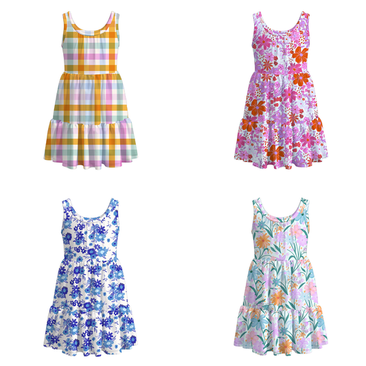 Girls Summer Floral Plaid Print Patchwork Dress