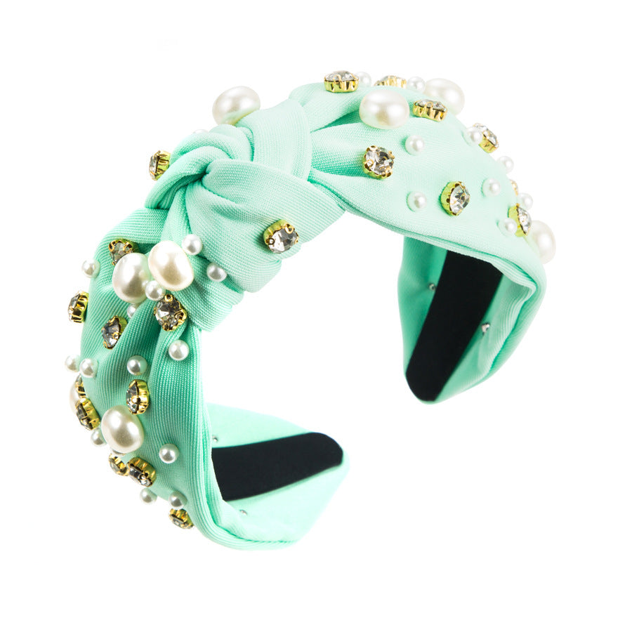 Wide Knotted Headband with Pearls & Rhinestones Padded Fashion Hair Band for Women & Girls