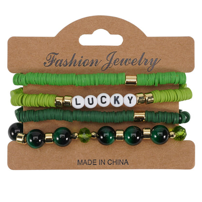 St. Patrick’s Day Green Beaded Bracelet Set with Lucky Shamrock Charm