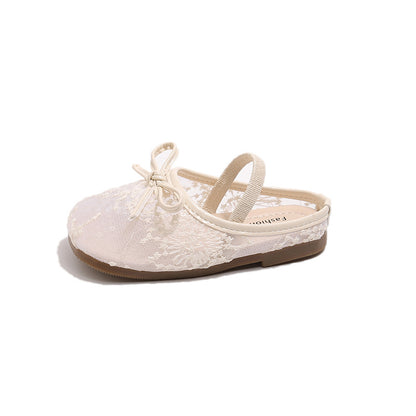 Girls Lace Bow Ballet Flats – Elastic Strap Dress Shoes & Backless Slippers