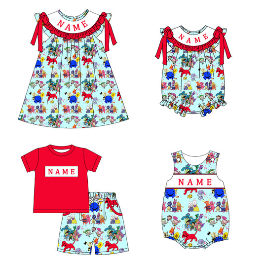 Smocked Animal Embroidered Red Sleeveless Custom Name Outfits