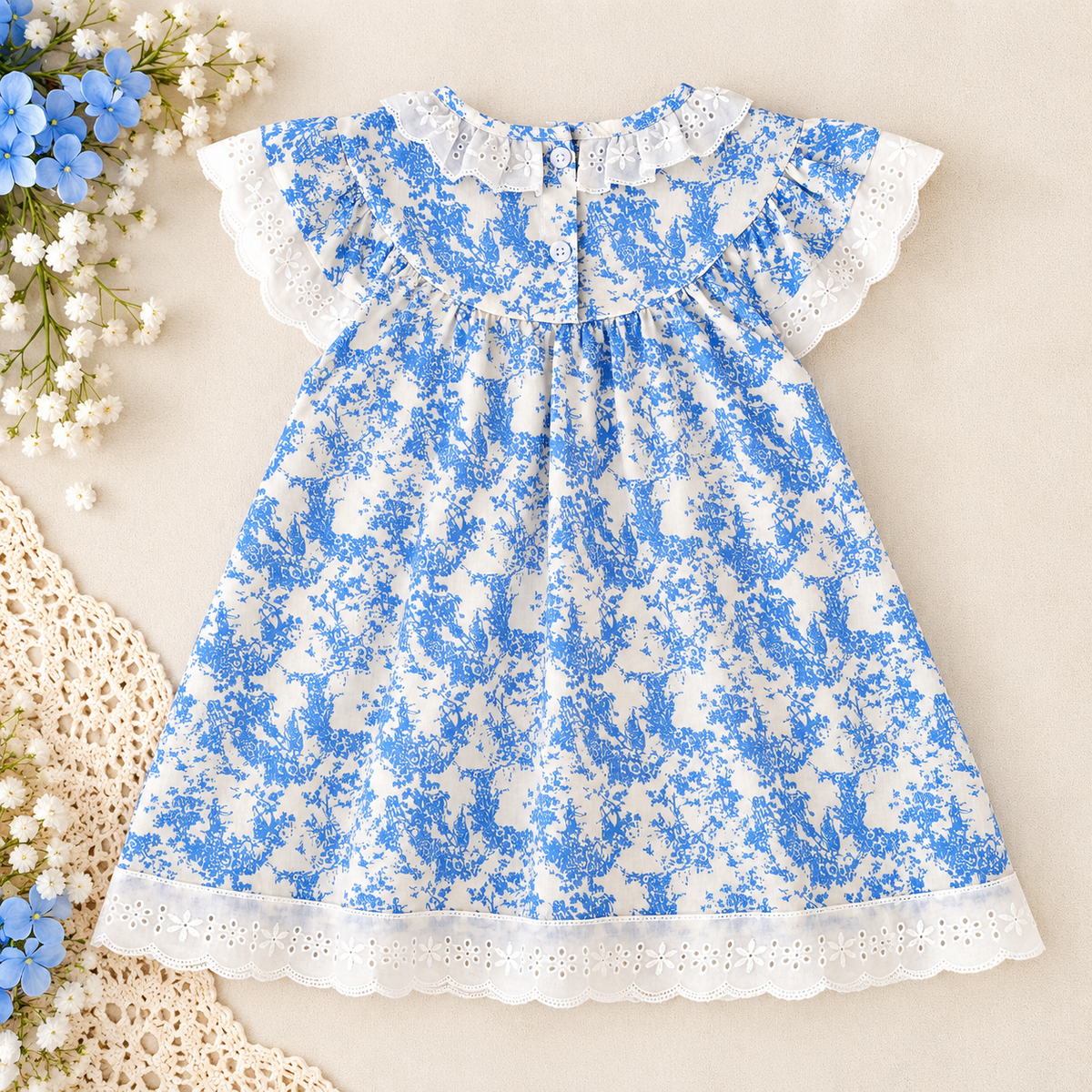 Girls Blue Floral Smocked Dress & Baby Romper – Cotton Summer Sister Matching Outfit