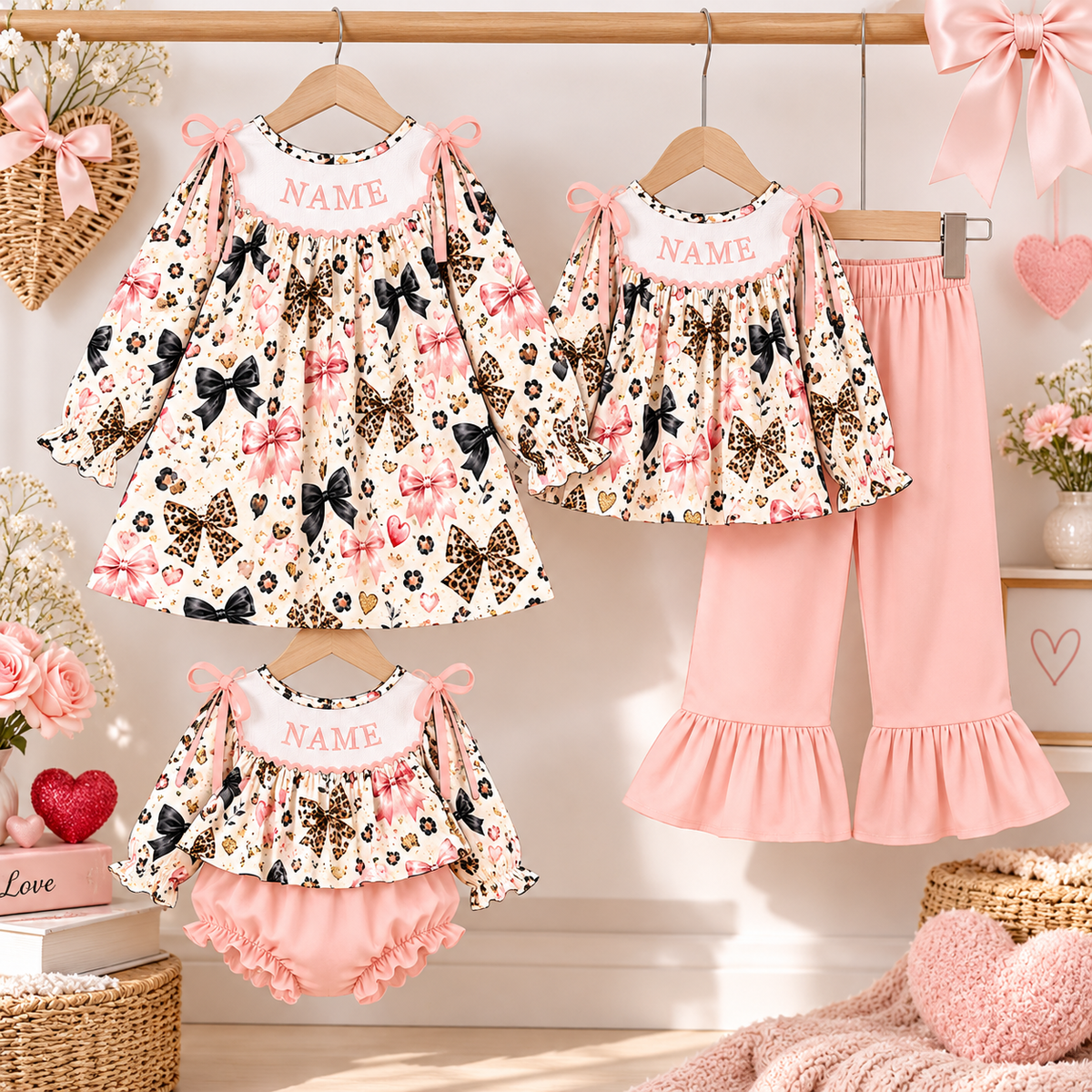 Personalized Girls Valentine's Day Bow & Leopard Print Smocked Outfits – Custom Name Embroidery Dress, Ruffle Pants Set & Baby Bloomer Set
