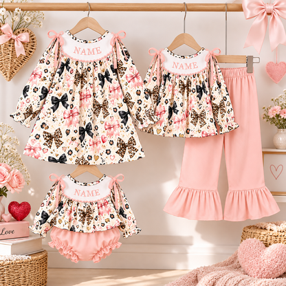 Personalized Girls Valentine's Day Bow & Leopard Print Smocked Outfits – Custom Name Embroidery Dress, Ruffle Pants Set & Baby Bloomer Set