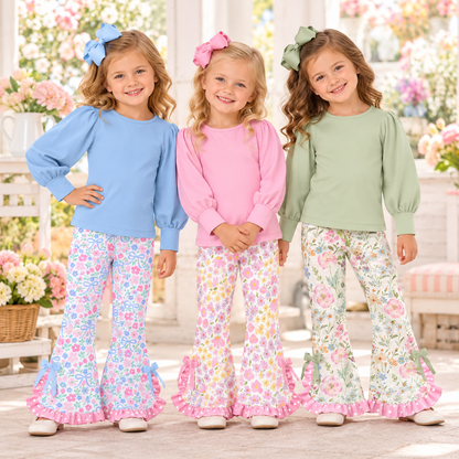 Girls Spring Floral Print Bell Bottom Pants Set – Long Sleeve Puff Sleeve Top & Ruffle Flare Pants Outfit