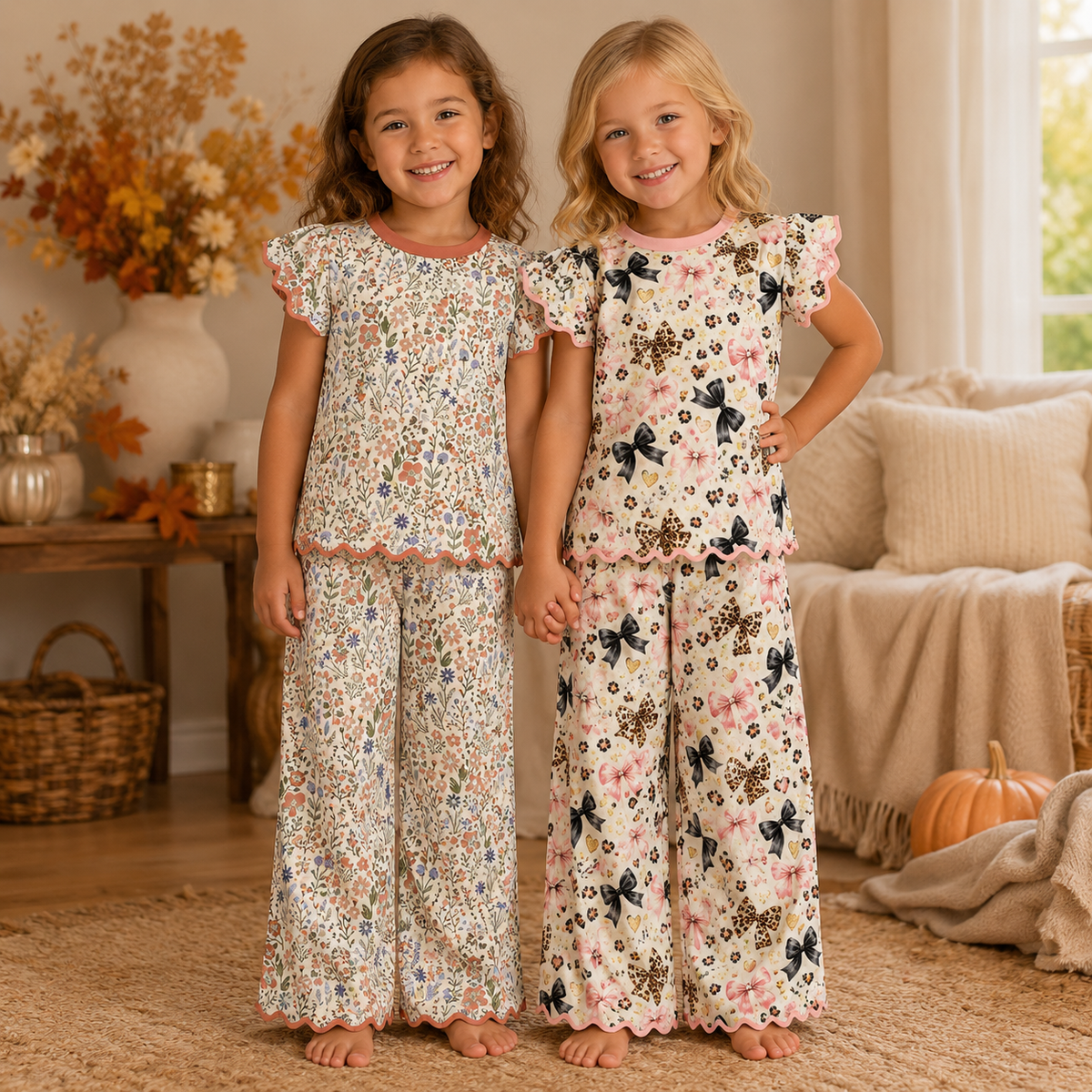 Girls Fall Scallop Two-Piece Set – Floral & Bow Print Ruffle Top with Wide Leg Pants