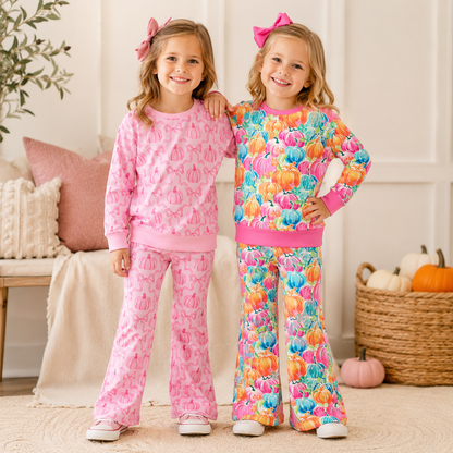 Girls Fall Pumpkin Print Long Sleeve Top & Flare Pants Set