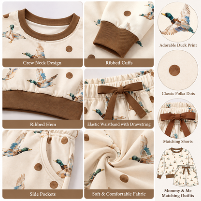 Mommy & Me Matching Duck Print Outfit – Fall Winter Long Sleeve Sweatshirt & Shorts Set for Women and Girls