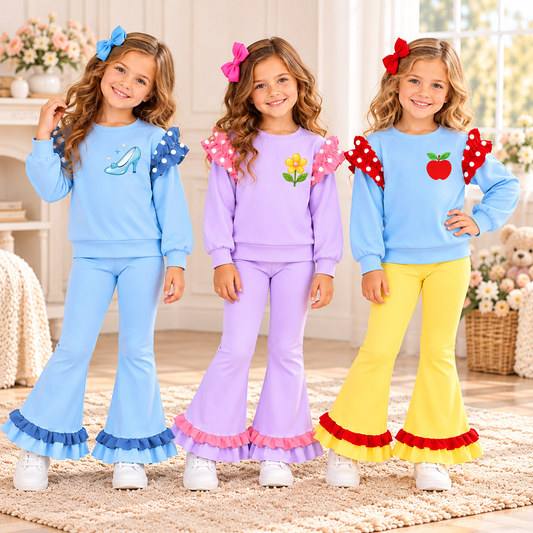Girls Fall Winter Printed Ruffle Sweatshirt & Flare Pants Set – Long Sleeve Two-Piece Outfit with Polka Dot Ruffles