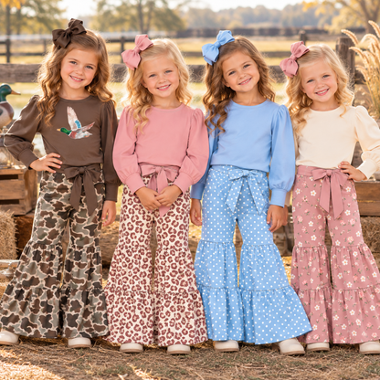 Girls Fall Winter Printed Ruffle Bell Bottom Pants Set – Long Sleeve Puff Sleeve Top & Tiered Flare Pants Outfit