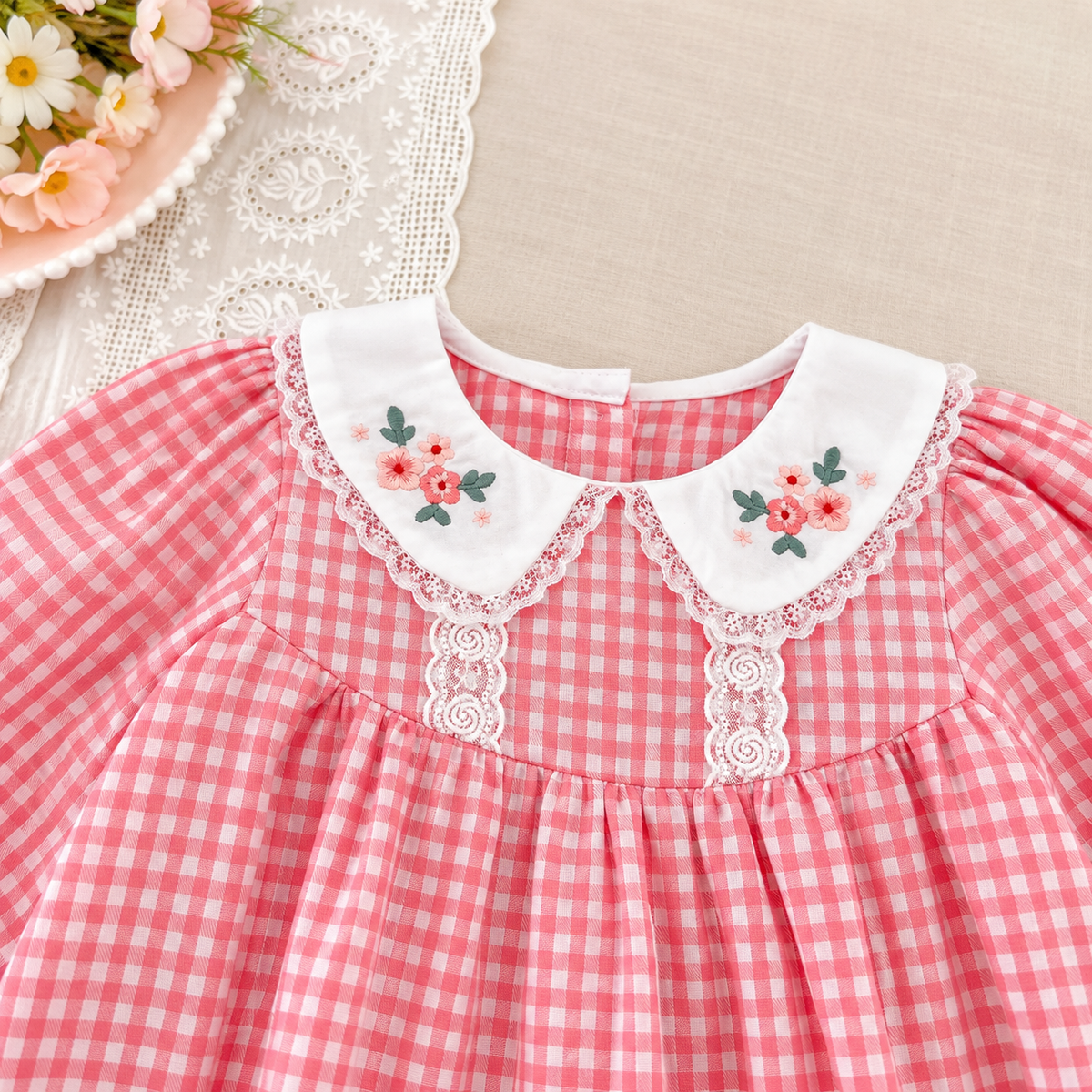 Girls Red Gingham Embroidered Dress & Baby Romper – Spring Cotton Sister Matching Outfit