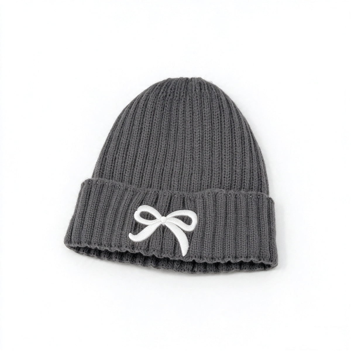 Girls Bow Embroidered Knit Beanie – Ribbed Cuffed Winter Hat, Ages 3–10