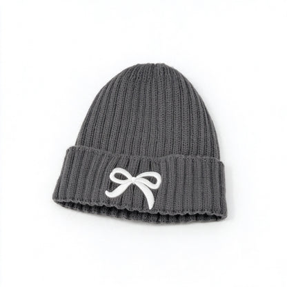 Girls Bow Embroidered Knit Beanie – Ribbed Cuffed Winter Hat, Ages 3–10