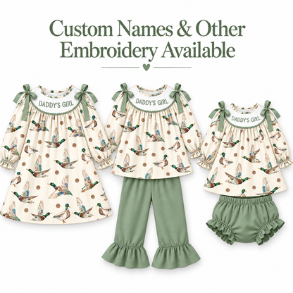 Personalized Girls Mallard Duck Print Outfits – Custom Name Embroidery Dress, Ruffle Bell Bottom Pants Set & Baby Bloomer Set