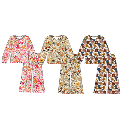 Girls Fall Floral Two-Piece Outfit – Long Sleeve Scalloped Top & Flare Pants Set