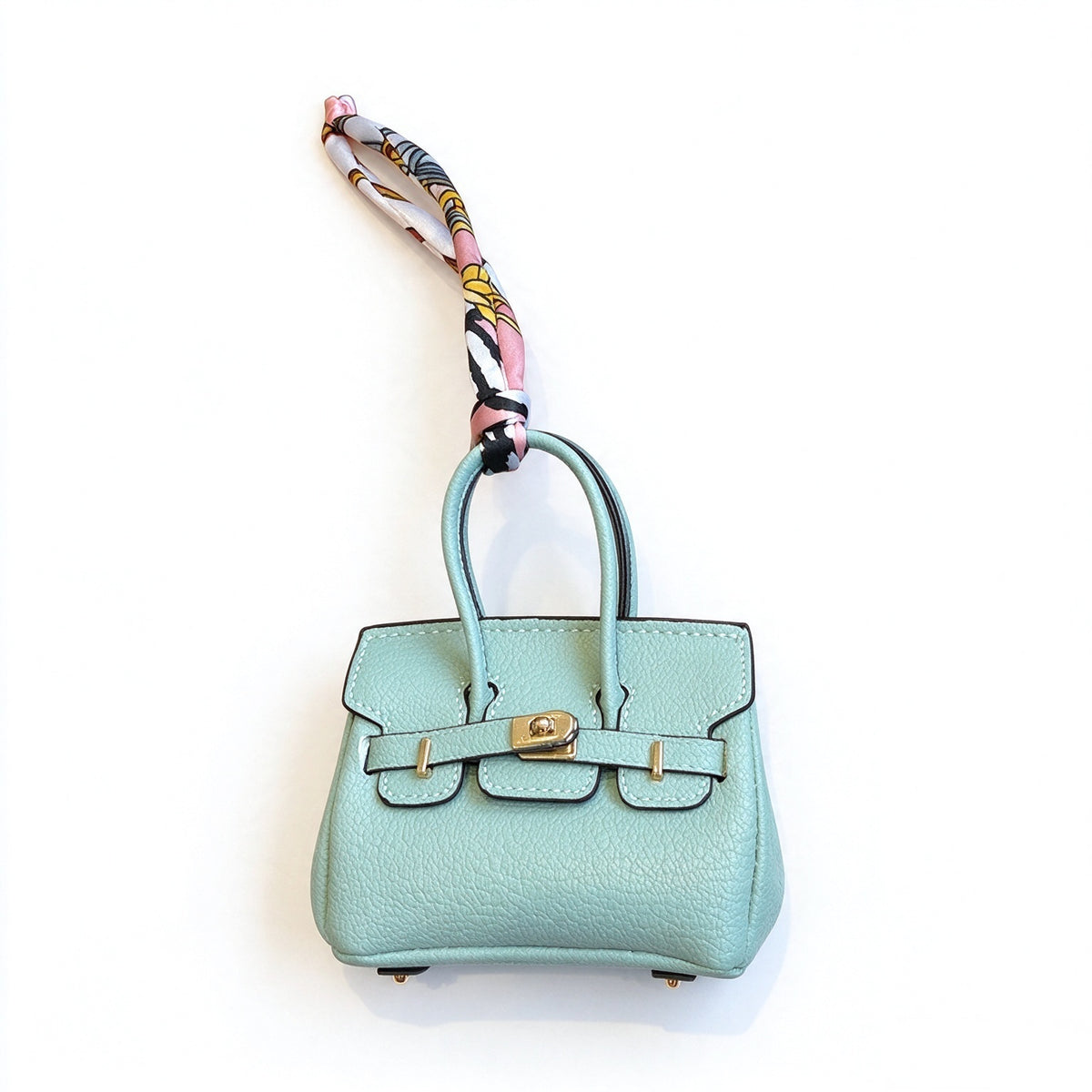 Mini Top Handle Lock Bag Handbag Charm with Scarf – Faux Leather Coin Purse