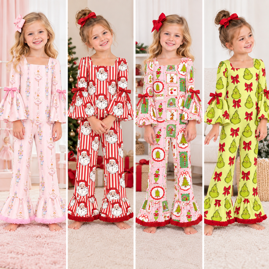 Girls Christmas Holiday Bell Sleeve Ruffle Jumpsuit – Festive Printed Wide Leg Romper Outfit
