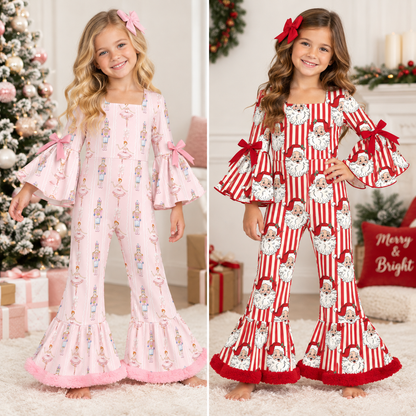 Girls Christmas Holiday Bell Sleeve Ruffle Jumpsuit – Festive Printed Wide Leg Romper Outfit