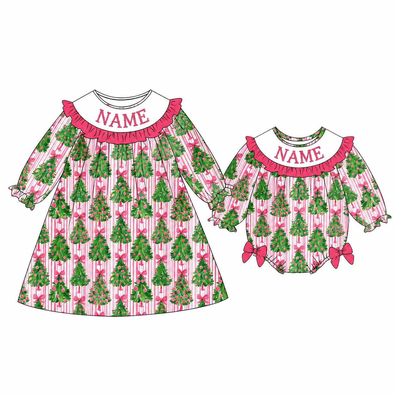 Personalized Christmas Tree Smocked Sibling Outfit – Girls Dress & Baby Romper